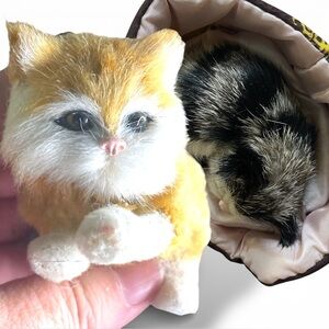 2 Vintage Tiny Kittens Rabbit Fur Plush Figurines Trinkets Orange Cat Tabby